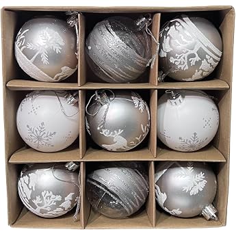 Set of 9 Elegant Christmas Baubles Diameter 6 cm Christmas Tree Baubles Christmas Decoration Christmas Tree Decoration White/Silver