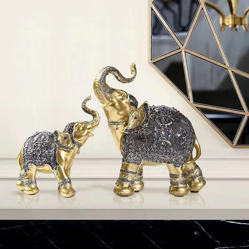 Miniatura 2 de Estatuas de elefante dorado de Feng Shui de resina, estatuas decorativas de la familia de elefantes, estatua de madre e hijo de elefante, escultura,