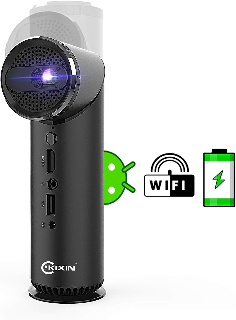 KIXIN Portable Smart Projector with Speakers HIFI Audio,Rotated 90 Degrees Lens 1080P 4500 Lumens Smart Mini Wi-Fi Projector,Bluetooth DLP Pocket Projector with HDMI,Wireless Screen Share(black)