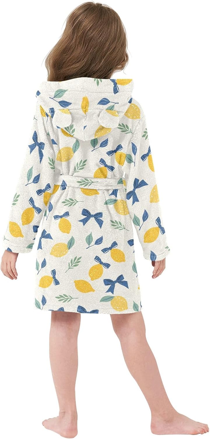 Cartoon Navy Bow Lemon Toddler Hooded Bathrobe for Boys Girls Soft Plush Bath Towel Robe 2-12 Years