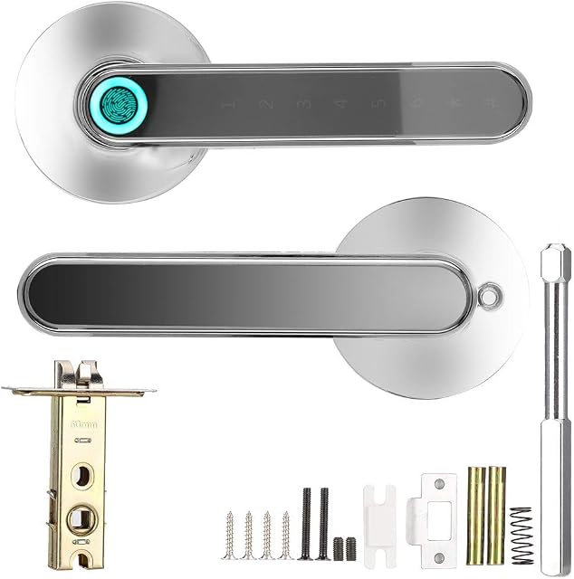 Smart Bluetooth Keyless Entry Door Handle Lock, Biometric Fingerprint Password APP Lever Lock with Low Voltage Alarm for Family Apartment Office, USB charging(Chrome)