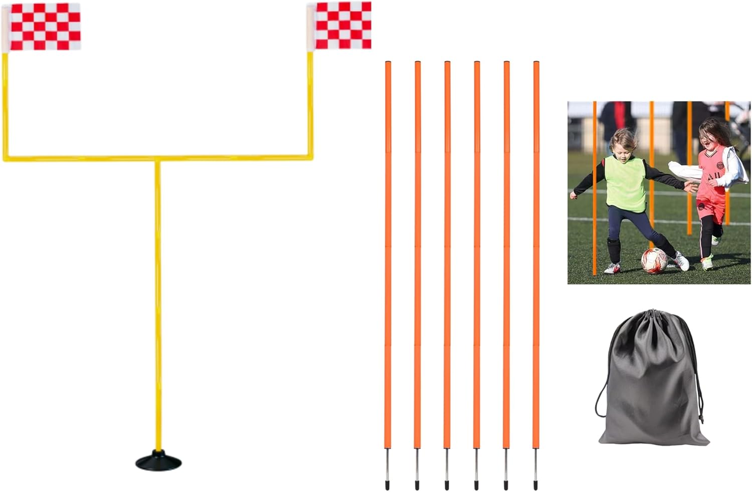 Football Field Goal Post - 6 ft x 4 ft Portable Football Goal Post - Kicking Field Goals + 6 Pcs 5FT Adjustable Soccer Agility Poles, Soccer Training Sticks for Speed and Agility Training