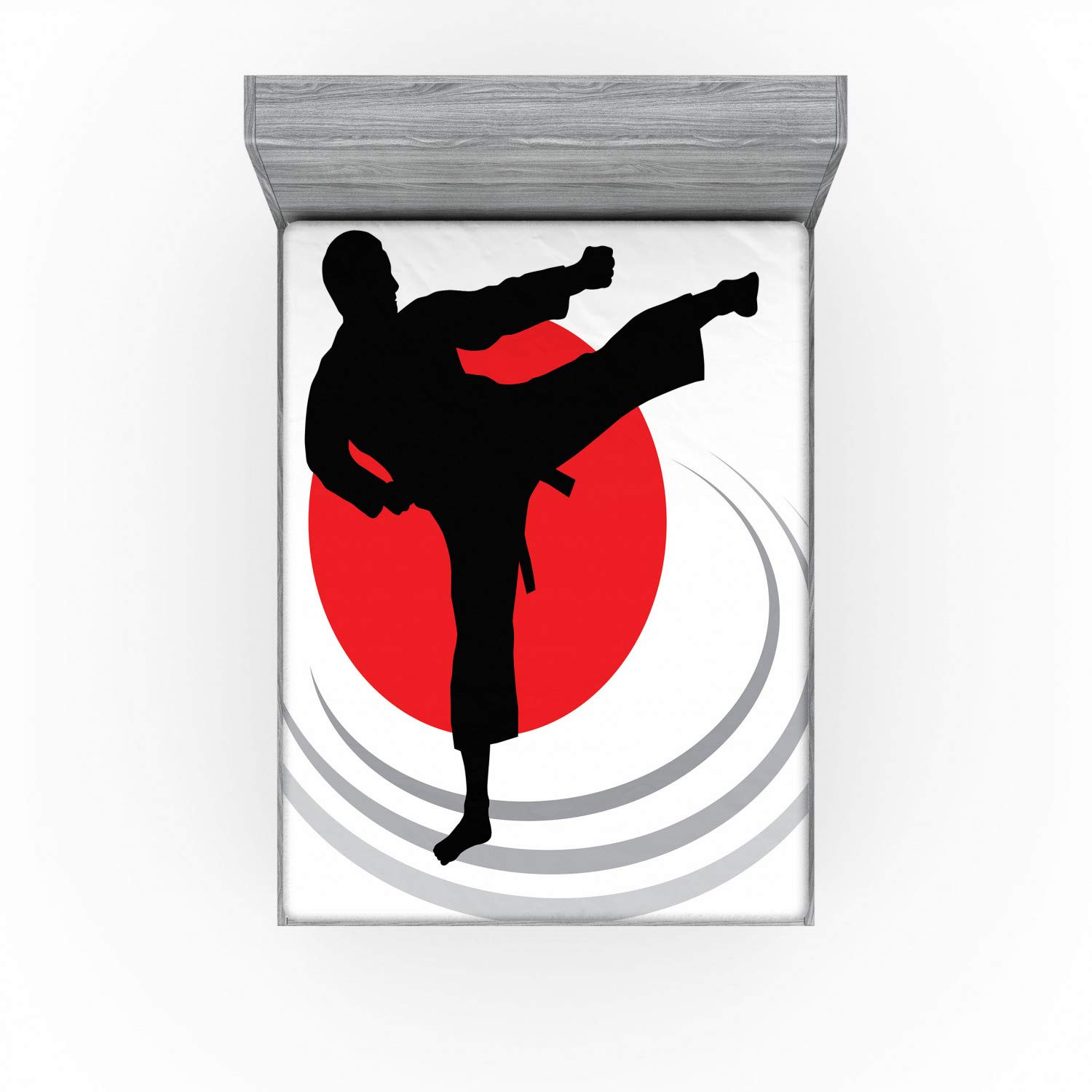 Ambesonne Kung Fu Fitted Sheet, Karate Kicking Man Silhouette on Japanese Flag Inspired Backdrop, Bed Cover with All-Round Elastic Pocket for Comfort, California King, Vermilion Black