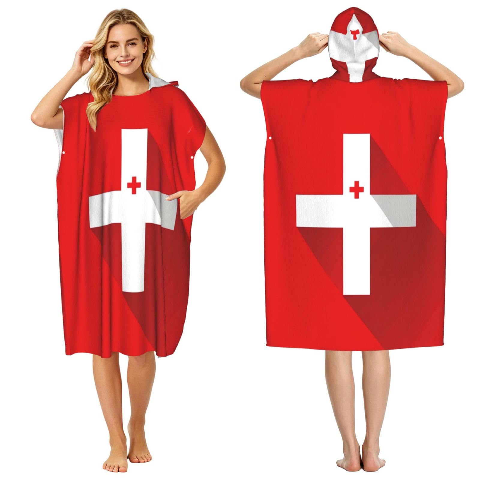 KLGRTJHK Tongan Flag Adult Hooded Beach Poncho Towel 43"X35"