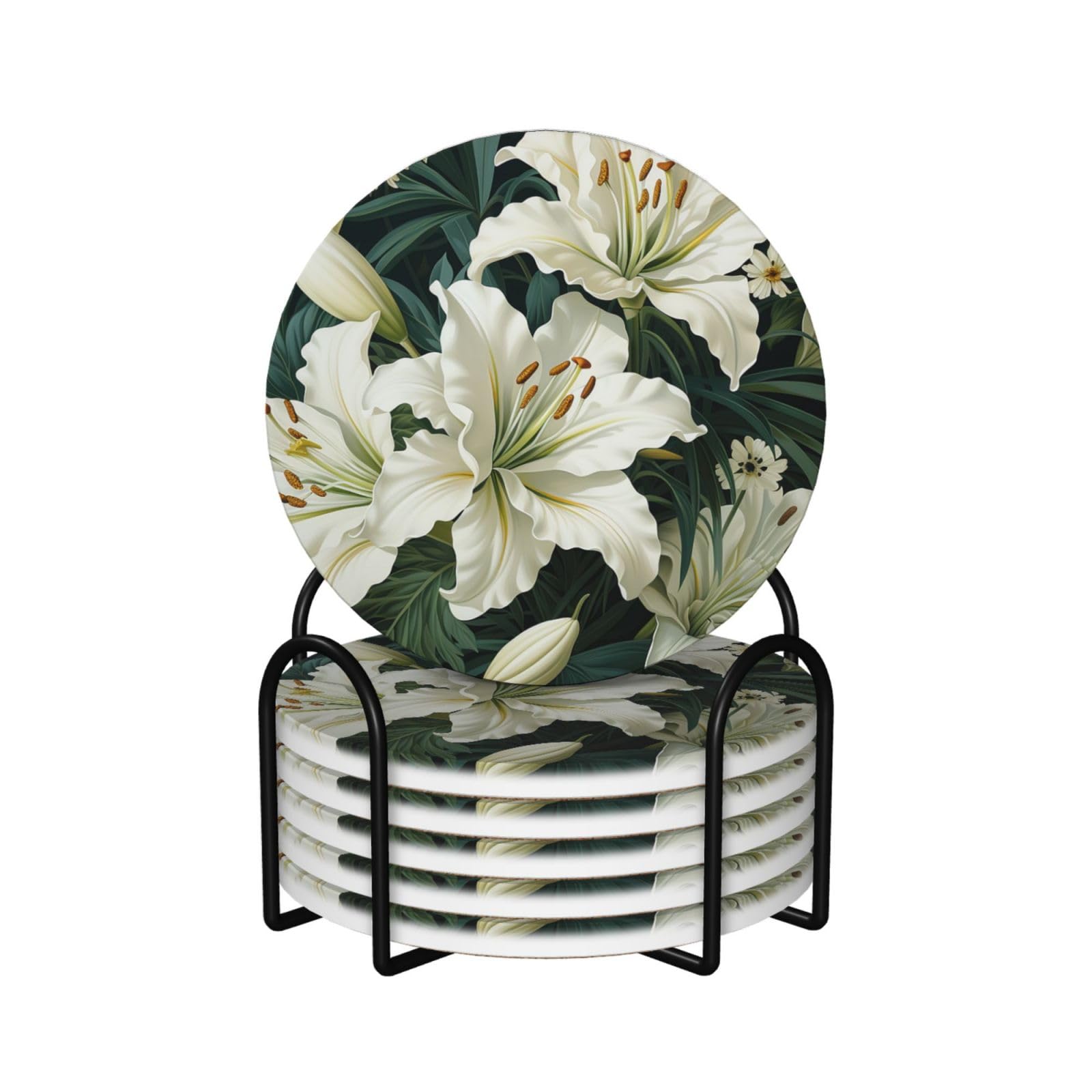 Dessous de verre en céramique absorbant motif lys avec support pour protection table