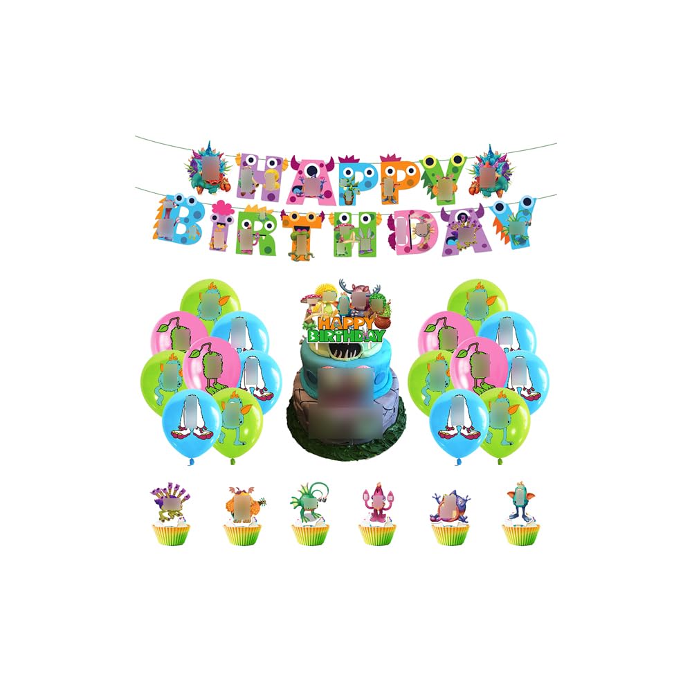 SMLHPARTY Birthday Decoration Pack: 18pcs Balloons, 13pcs Cake Decorations, 1pcs Birthday Banner - Red, Blue, Yellow, Green - Cartoon Theme