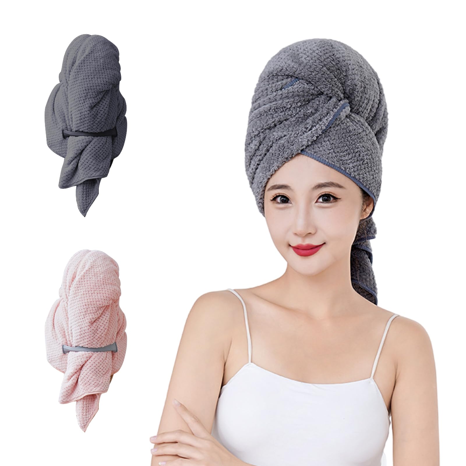2 Pack Microfiber Hair Towel Wrap for Women, Anti Frizz Hair Drying Towel with Elastic Strap, Fast Drying Turbans for Wet Hair, Long, Thick, Curly Hair, Super Soft Hair Wrap