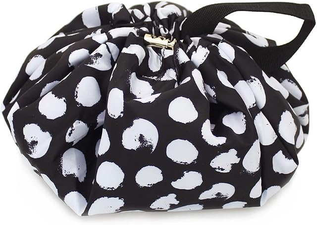 Makeup Bag Drawstring Travel Toiletry Bags Gifts for Women Large Capacity Travel Cosmetic Bag Makeup Organiser Bag Gifts for Her Ladies Teenage Girls (Black with White Spots)