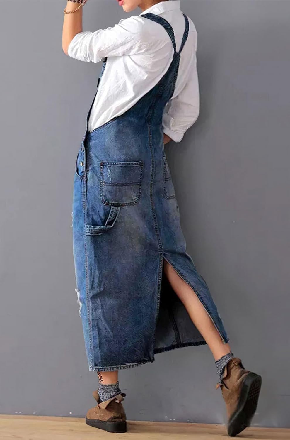 Yoeasy Women's Distressed Denim Overall Dress - Adjustable Strap Pinafore A-Line Mid Long Jean Bib - Image 4