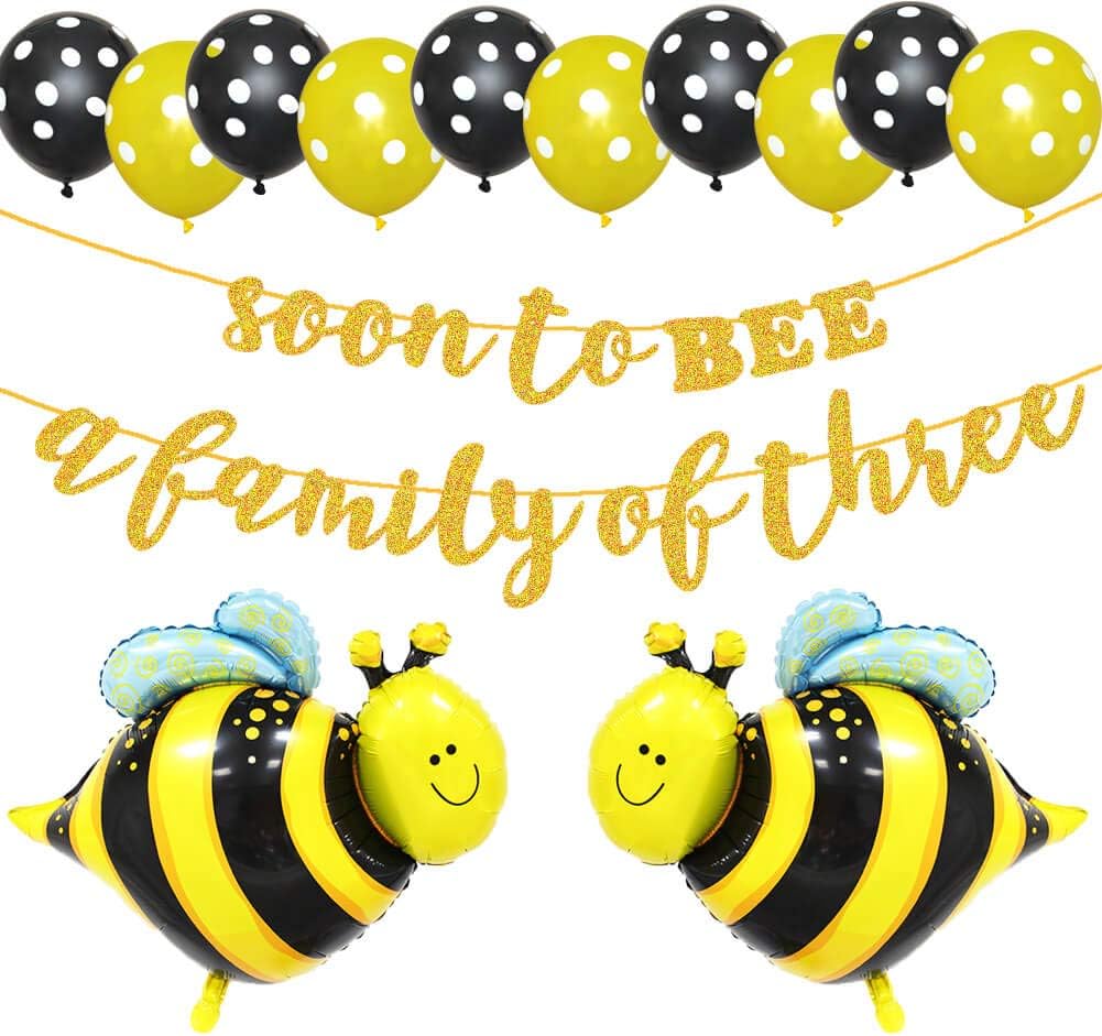 Soon To BEE A Family of Three Banner, Welcome Baby Party Banner, Bumblebee/Bumble Bee/Honey Comb Bee/Bee Beehive Theme Baby Shower Party Supplies Decoration