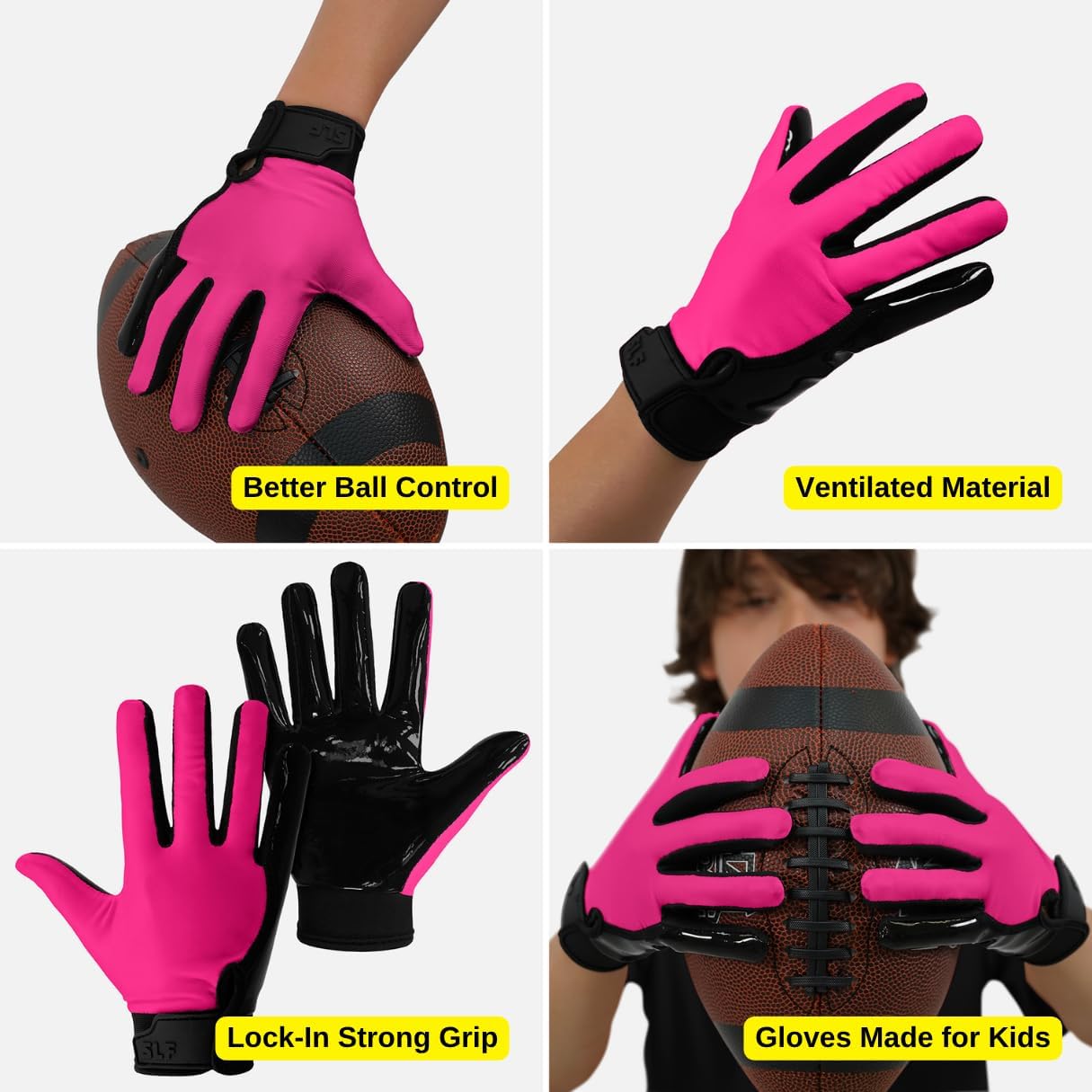 SLEEFS Youth Football Gloves for Boys & Girls - Wide Receiver Football Gloves with Sticky Grip for Catch Control - Lightweight, Breathable Fit - Durable Kids Glove, Youth Small or Large
