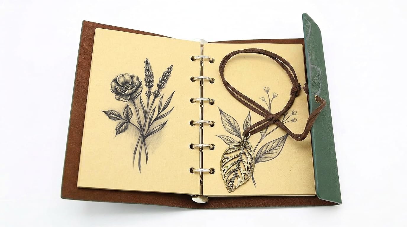 EvZ 5 Inch Mini Vintage Leather Journal, Pocket Size Refillable Loose Leaf Notebook, Retro Dark Green PU Cover with Metal Leaf Pendant, Blank Kraft Paper Small Travel Diary & Sketchbook