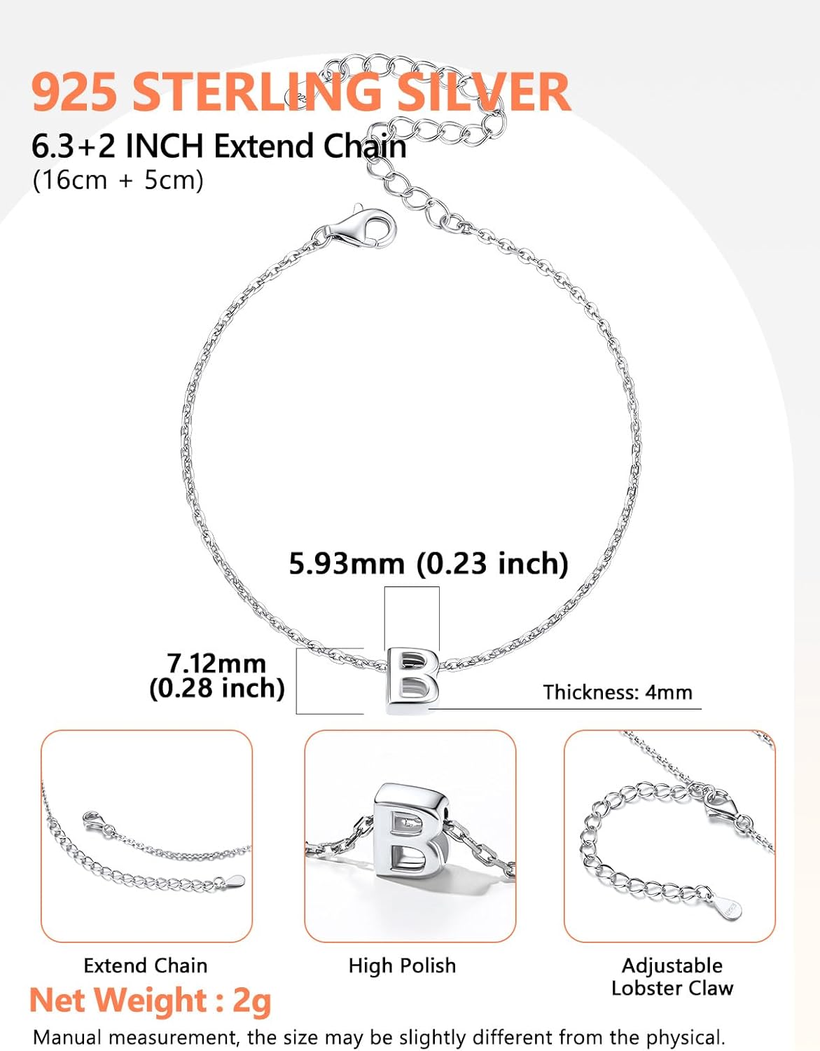 Silvora S925 Sterling Silver Initial Letter Bracelet - A to Z, 6.3" + 2" Adjustable Personalized 26 Alphabet Jewelry Initial Bracelet for Women - Image 4