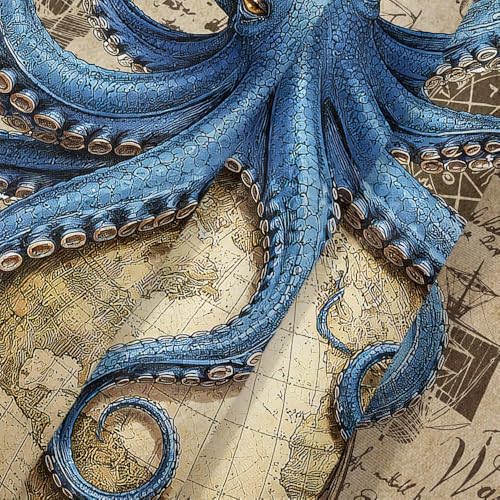 Image of Vintage Nautical Octopus Shower Curtain, Navy Blue Funny Ocean Shower Curtains for Bathroom, Sailing Boat Anchor Coastal Map Bath Curtain Waterproof Fabric with 12 Hooks 72x84 Inch