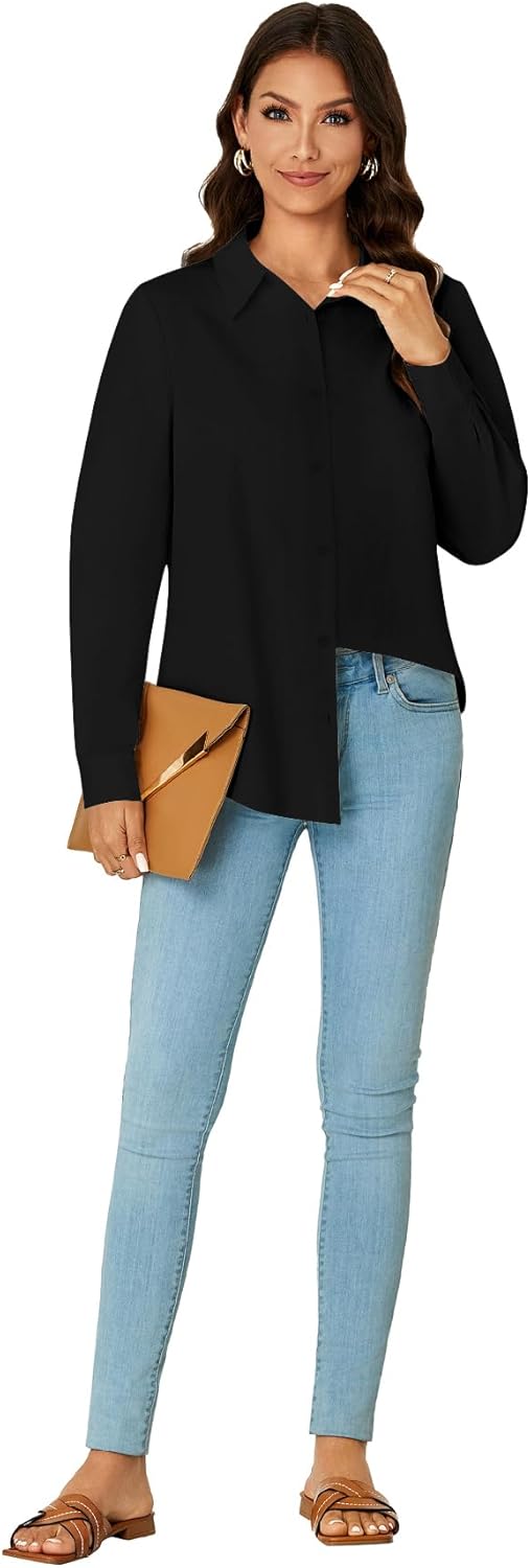 KIFOVEN Women’s Button Down Shirt Long Sleeve Dress Shirt Collared Cotton Casual Work Blouse Top Solid Black Small - Image 6
