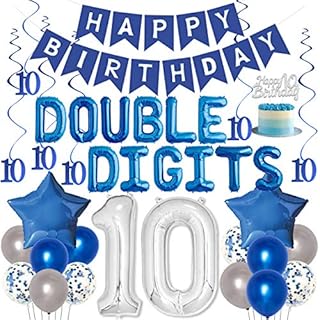 Jollyboom 10th Birthday Decoration Blue for Boys Girl Double Digits 10th Birthday Balloon Banner Cake Topper Hanging Swirls for 10 Year Old Birthday Supplies