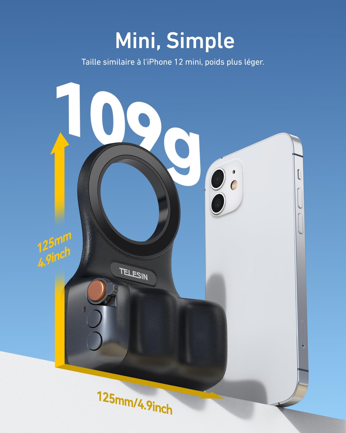 TELESIN Fun Shot Smartphone Handle Grip, Poignée Smartphone avec Détachable Télécommande Bluetooth - Filetage 1/4, Stabilisateur de Poignée pour iPhone Android, Selfies/TikTok (Noir)