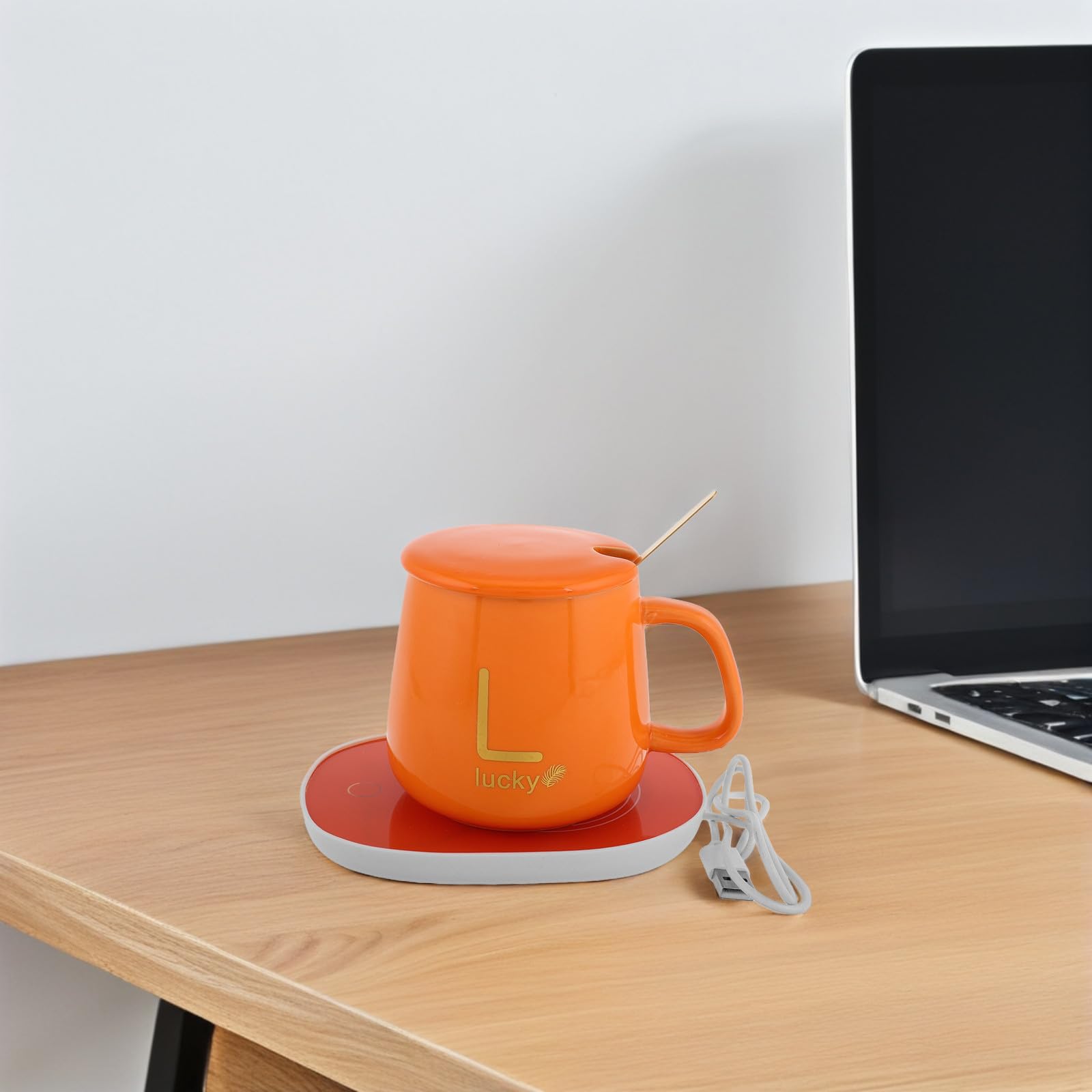 GARVALON Scalda Tazze Elettrico Portatile USB con Tazza in Ceramica Arancione, Riscaldamento un Tocco e Funzione Spegnimento Automatico, per Colazione e Bevande Calde, Confezione Regalo