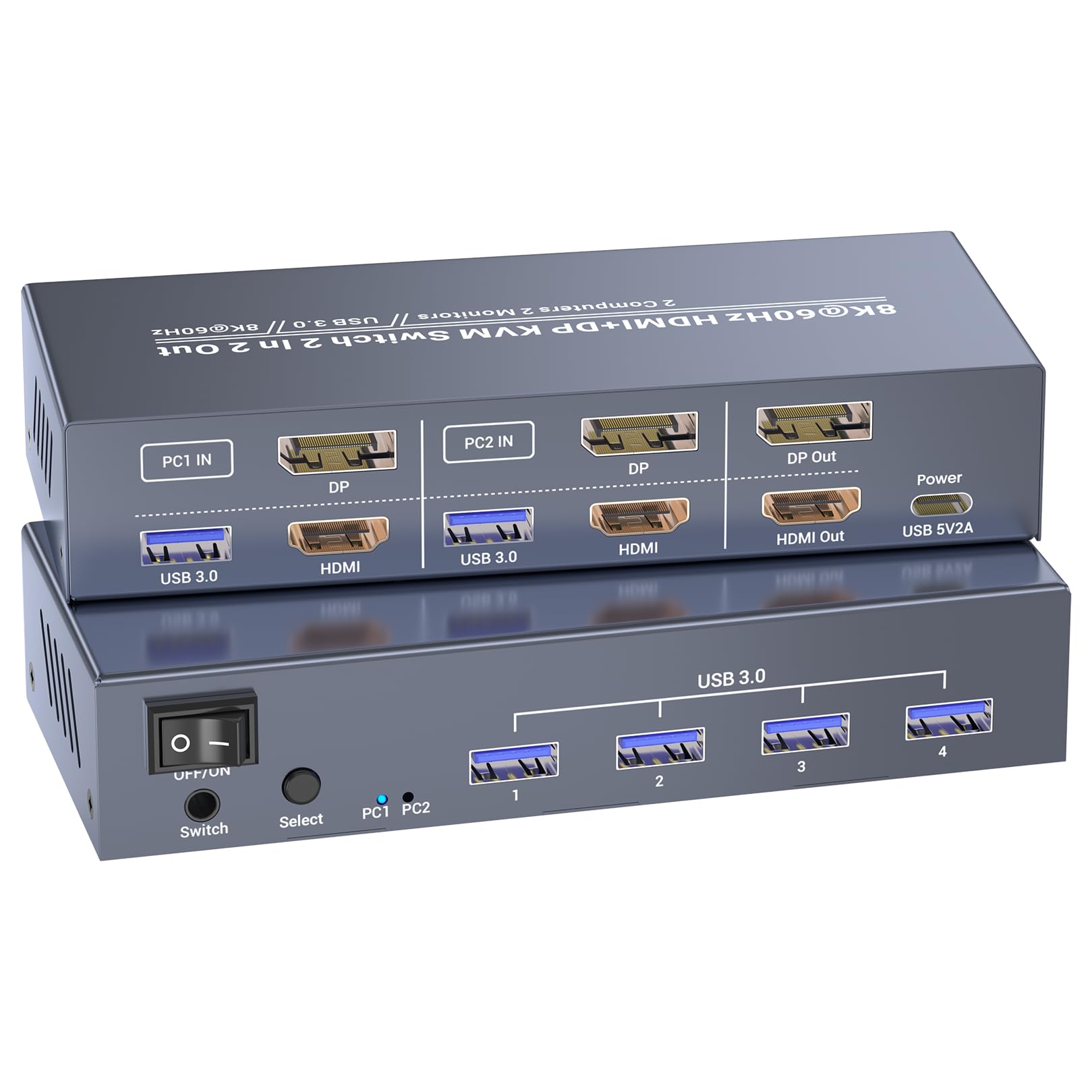 HDMI Displayport KVM Switch 2 Monitors 2 Computers, 8K60Hz 4K120Hz USB 3.0 Dual Monitor HDMI DP KVM Switch for Controlling 2 PC with 1 Set of Keyboard