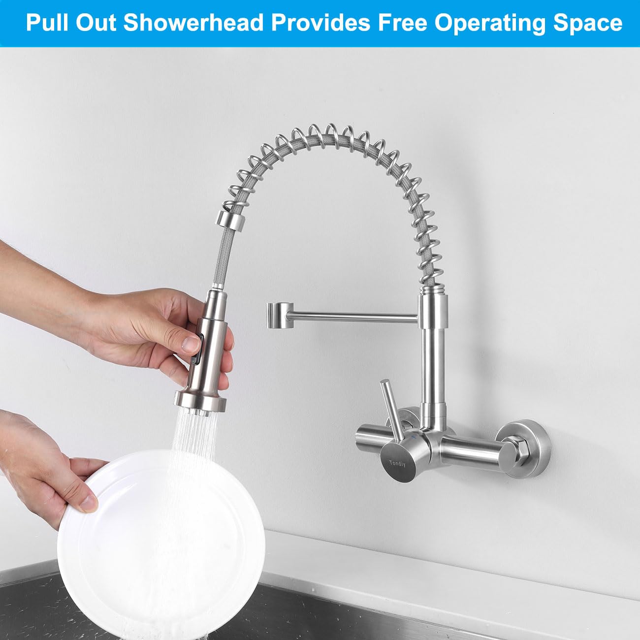 Küchenarmatur Wandmontage 11 cm, Wandarmatur mit 2 Strahlarten | Hoch Gebogen Wasserhahn Wand Küche mit Herunterziehbare Brause | 360° drehbar Mischbatterie aus Edelstahl | Matt