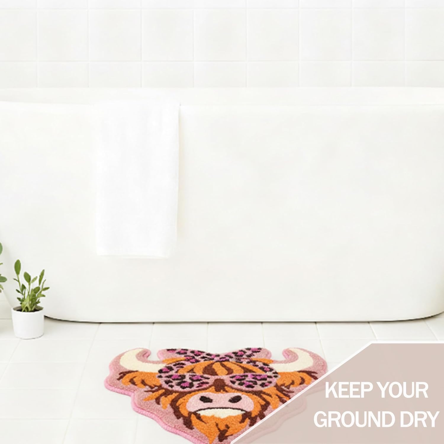 Cool Highland Cattle Bathroom Rug, Soft Plush Animal Cow Tufted Bath Mat, Non-Slip & Machine Washable, Absorbent Quick Dry Floor Door Mat Home Decor for Shower, Tub and Sink, 23.6"x23.6"