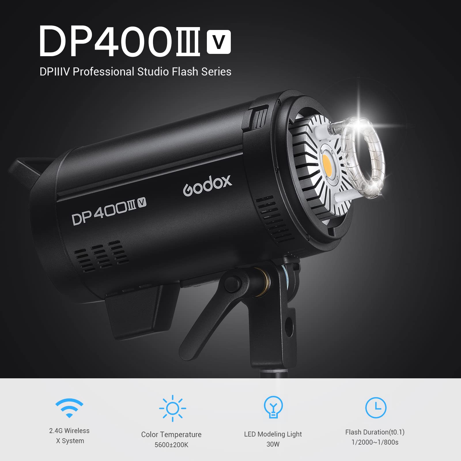 Godox DP400IIIV DPIII-V 400W Flash de Studio avec 30W COB LED Modeling Lampe 5800K ± 200K, GN87 400Ws Puissant Flash Professionnel avec Godox 2.4G sans Fil X Système Bowens Mount Flash Stroboscopique
