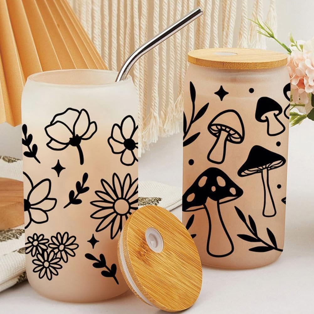 Black Flower and Leaf UV DTF Cup Wrap,Waterproof Rub on Crafting Decoration Flowers Rub on Transfers for Glass Crafting Glass Cups Wrap Transfer Stickers Decals Appliques Trim and Embellishments