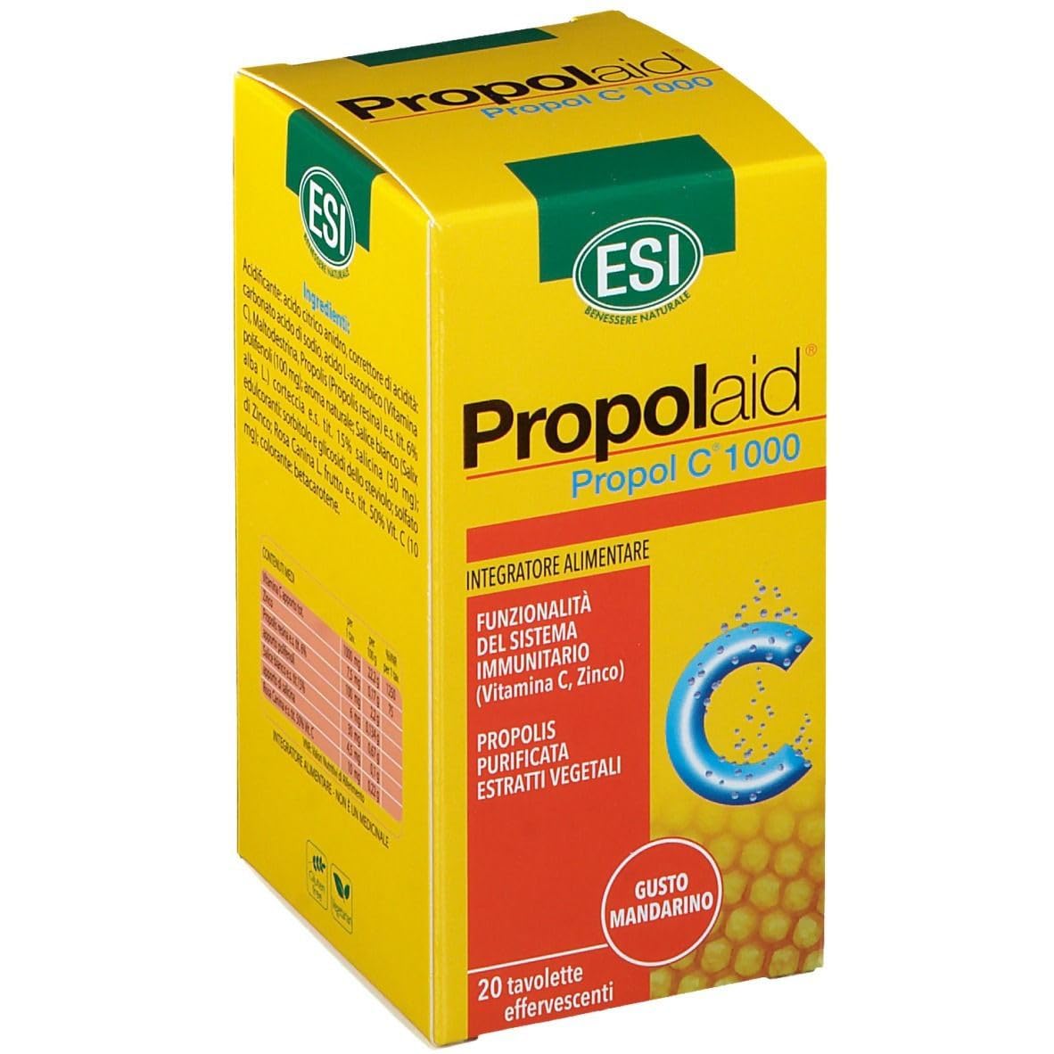 ESI - Propolaid Propol C, Integratore Alimentare di Vitamina C, con Estratto di Propolis, Supporta il Normale Funzionamento del Sistema Immunitario, Senza Glutine e Vegetariano, 20 Tavolette