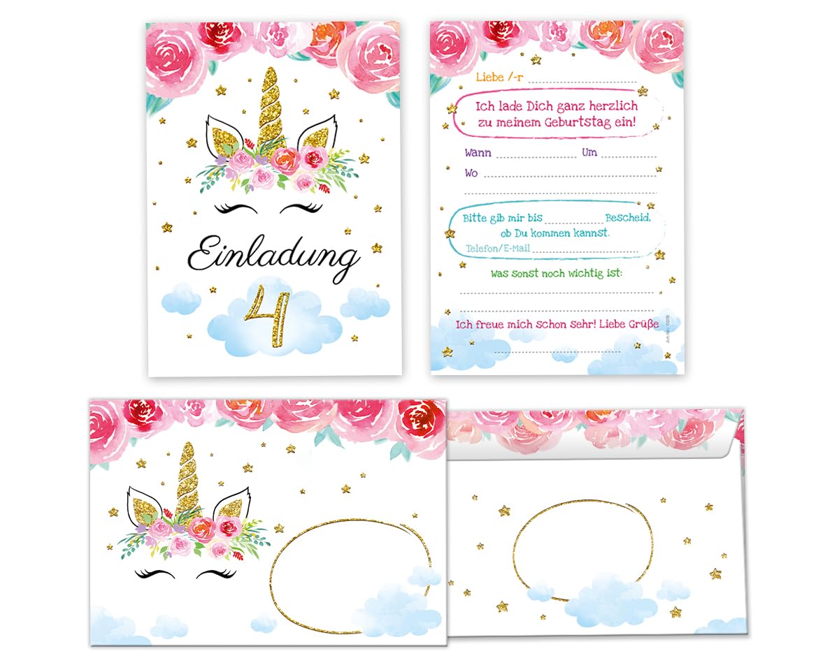 Minkocards 12 Einladungskarten incl. 12 Umschläge zum 4. Kindergeburtstag Mädchen Einhorn Einladung vierte Geburtstag Mädchengeburtstag Geburtstagseinladungen
