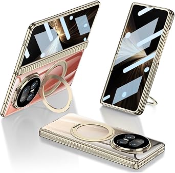 Transparent PhoneCase for Honor Magic V5,Luxury PlatingAll-Inclusive Cover with Rotating Magnetic Ring Kickstand Shockproof Protective Case Bulit-in Screen Protector Cover Gold