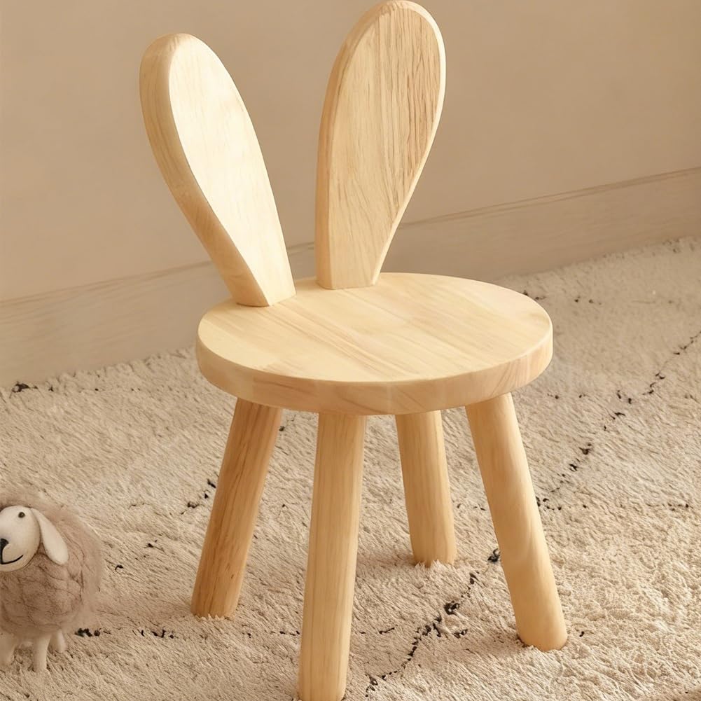 FARYODI Chaise Enfant Bois Massif 45 x Ø 26 cm Tabouret Chaussures Dossier Oreilles Lapin Crèche Chambre