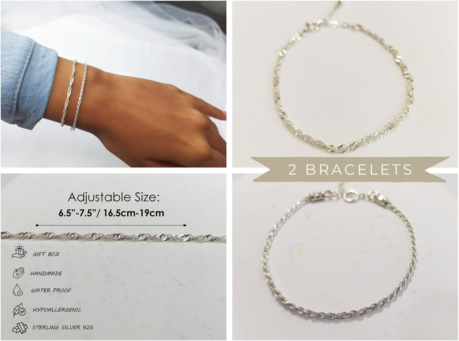 Handmade Sterling Silver Bracelet Set of 2 Bracelets - Minimalist Two Bracelets for Women - Length 6.5" + 1" Extender - Image 2