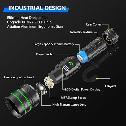 Miniatura 3 de RFICUH - Linterna recargable de alta potencia, 60 W, súper brillante, 2000 lúmenes, XHM77.2, LED de alta potencia táctica más brillante, linterna de