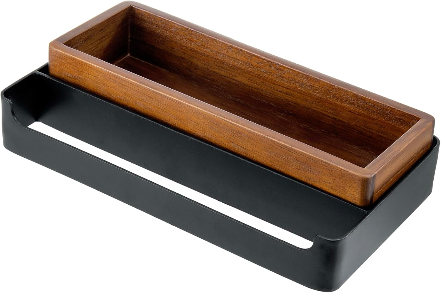MyGift Modern Matte Black Wall Mounted Towel Rack with Acacia Wood Shelf – Metal Bathroom Storage Organizer for Towels and Décor