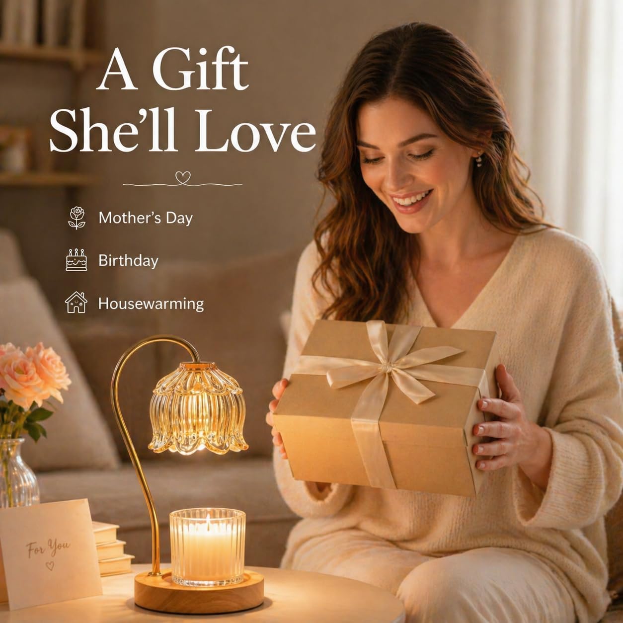 Candle Warmer Lamp with Timer Dimmable Flower Candle Lamp Warmer with 2 Bulbs Birthday Gifts for Women Mothers's Day Gifts House Warming for New Home Decor