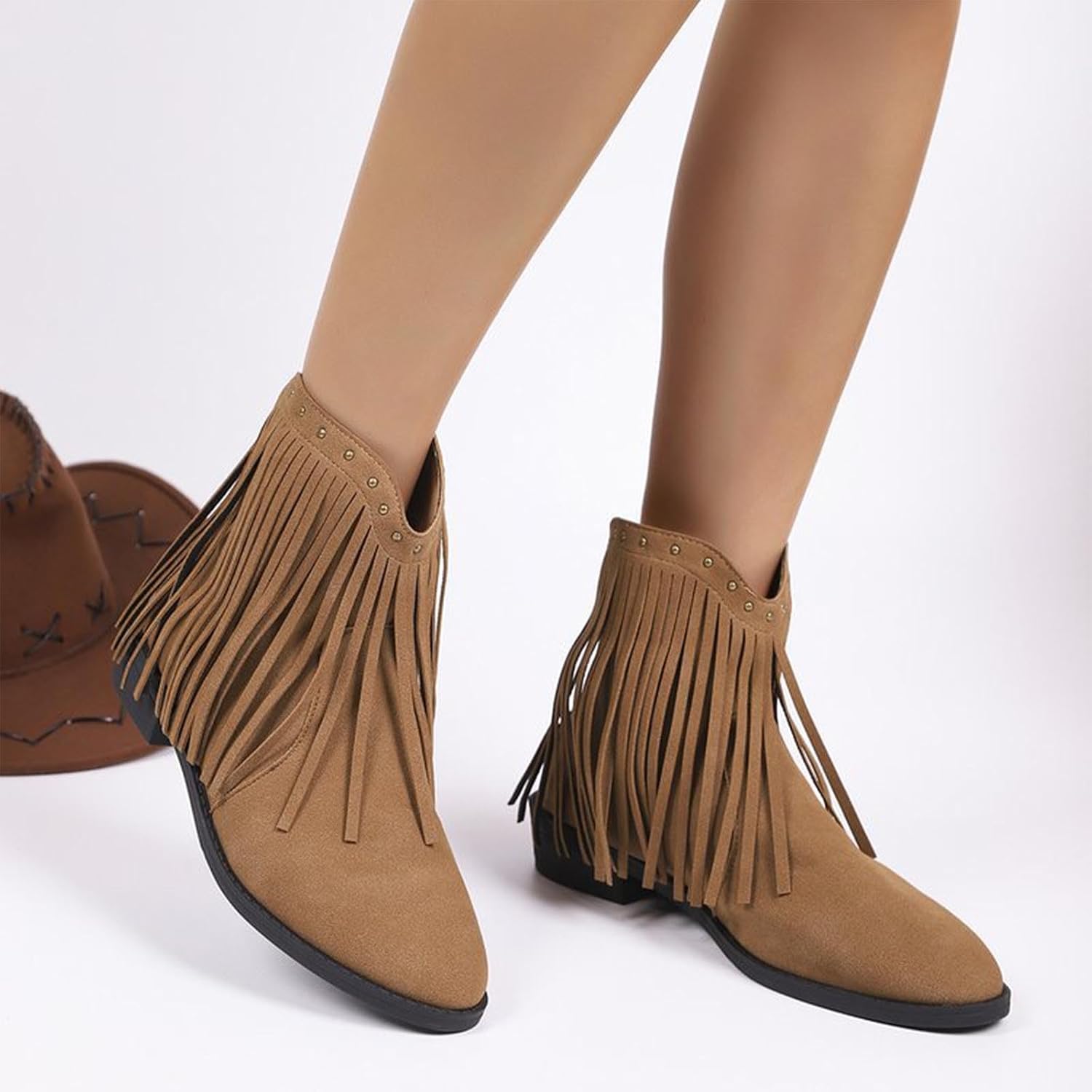 Women Fringe Studded Ankle Boots Boho Low Flat Heel Cowboy Walking Shoes