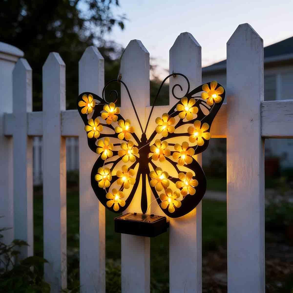 DTWEFF Solar Butterfly Metal Wall Art Light, Solar Lights Outdoor Metal Butterfly Wall Decor for Garden Yard Patio Decor(Butterfly)