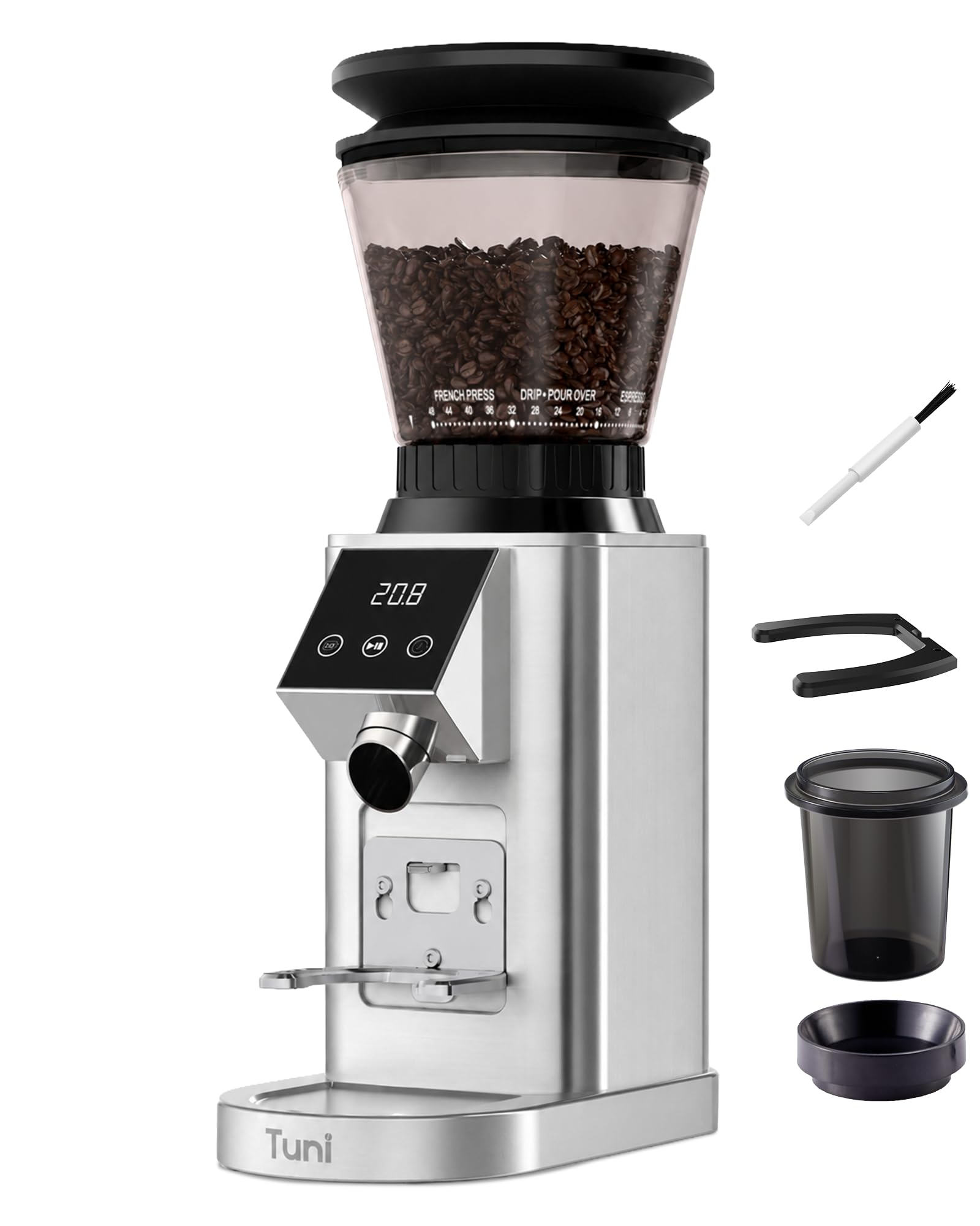 Tuni G1 Conical Burr Coffee Grinder with 48 Grind Settings, Silver | Anti-static Burr Espresso Mill, Electronic Timer and LED Touchscreen for Drip/Cold Brew/French Press, Stainless Steel