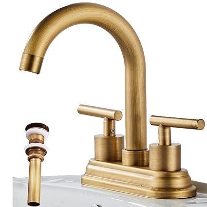 HIHIA 2 Handle Centerset Antique Brass Lead-Free Bathroom Faucet, with Copper Pop Up Drain Without Overflow and Two Water Supply Lines, 4 Inch Bath Lavatory Vanity Faucets Set for Bathroom Sinks