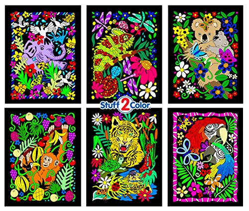 Koala, Gecko, Elephant,Monkey, Parrot, Tiger - 6 Fuzzy Velvet Posters to Color