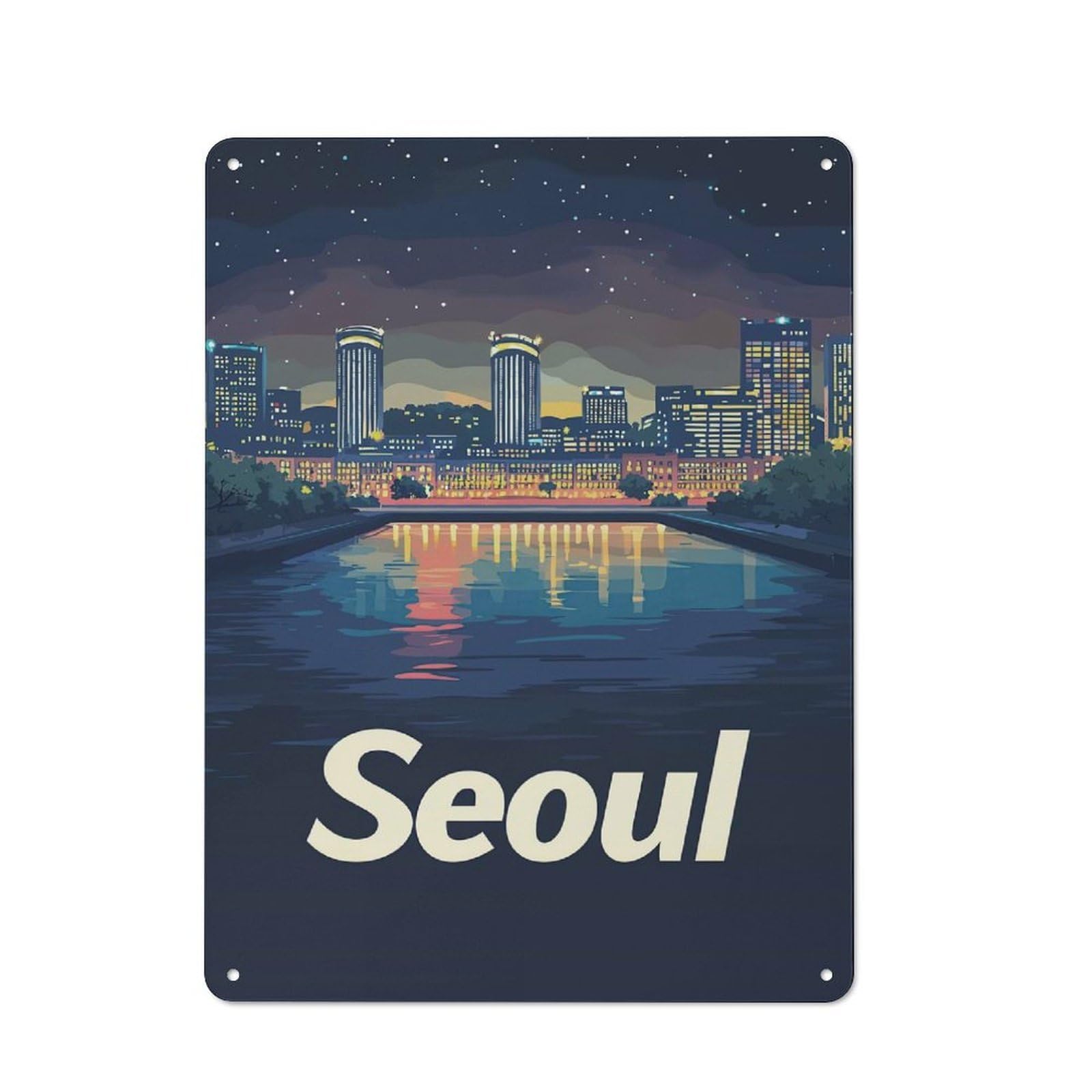 Junmoney Seoul Cityscape Night Friendly Cafe Metal Sign 40X30cm, Cafe Wall Decor For Tea Room, Shop Wall Or Breakfast Area