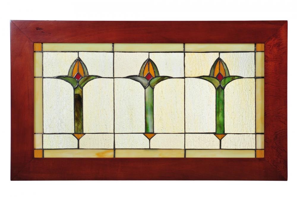Meyda Tiffany 97961 Arts & Crafts Bud Trio Wood Frame Stained Glass Window Panel, 24