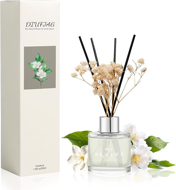 Gardenia Bathroom Diffuser, 1.7 oz Reed Diffuser with Dried Flower
