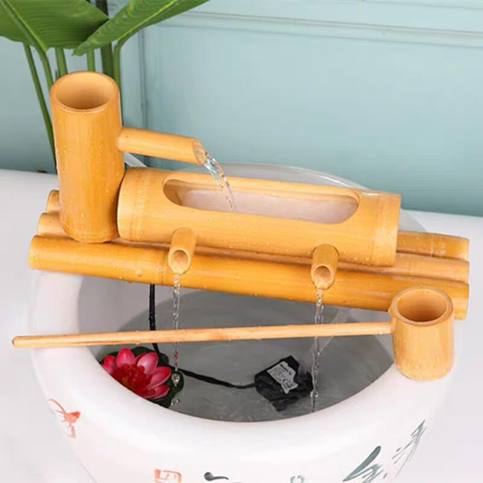 Fontana Solare in bambù Naturale, Elemento d'Acqua per Giardino Zen, Decorazione per Esterni, Fontana in bambù autoportante, Ornamento per laghetto, per Patio e Giardino.