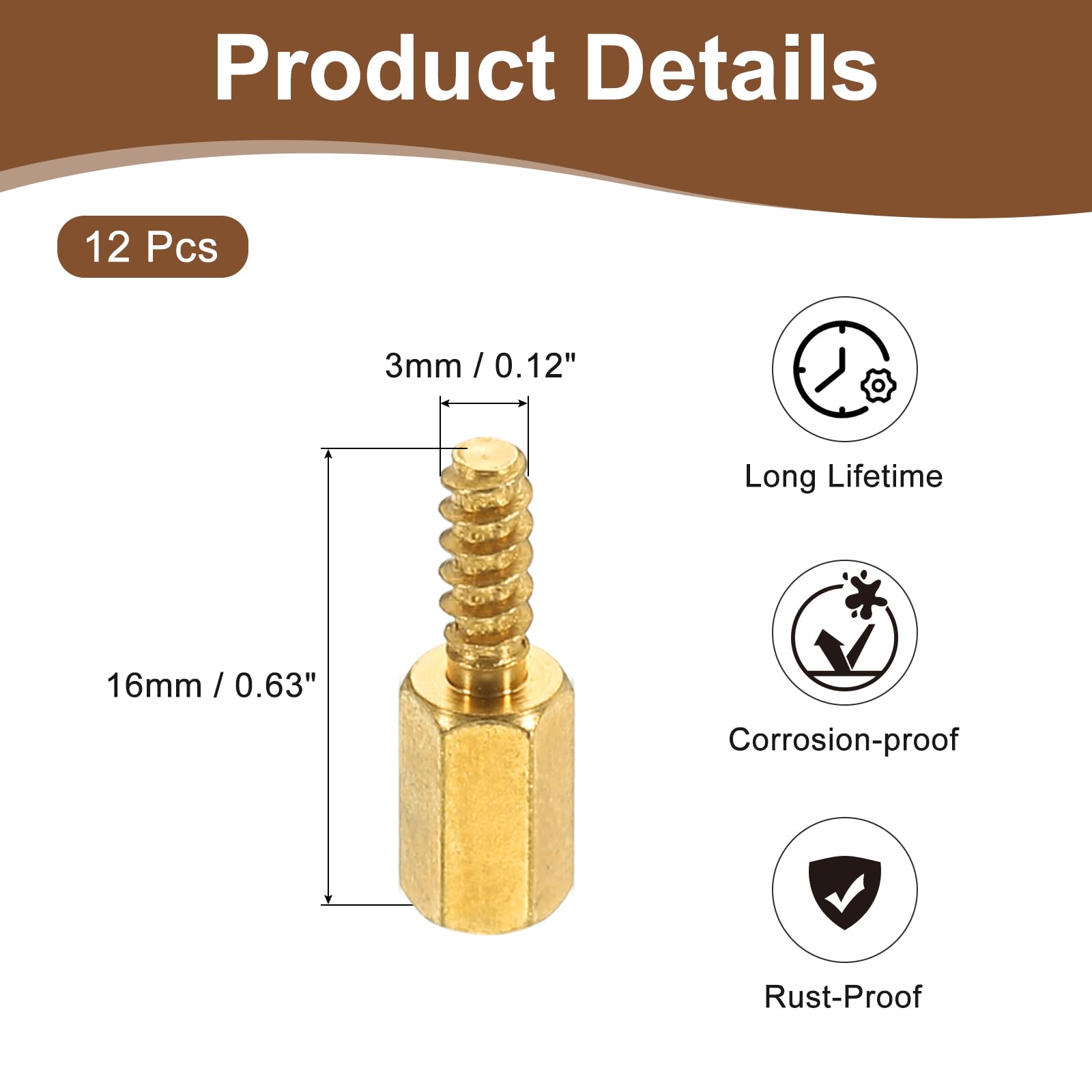 PATIKIL 12pcs M3 Male to Female Self-Tapping Hex Standoffs Spacers Pillars, M3 8+8mm Brass Motherboard Standoffs Copper - Image 2