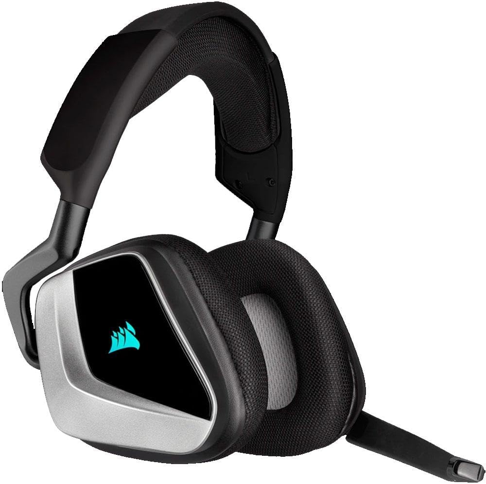 Corsair VOID RGB ELITE Wireless Premium Gaming Headset with 7.1 Surround Sound, Silver Edition (Microfiber Mesh Fabric, Omnidirectional Microphone, Up to 40ft of Range, On-Ear Controls, RGB Lighting)