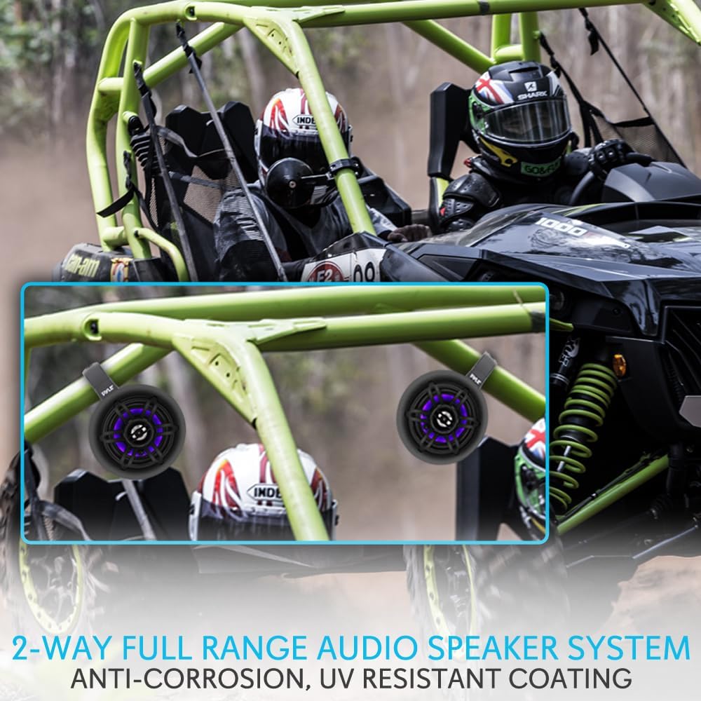 Two Pyle PLMRLEWB46B speakers mounted on a UTV roll cage