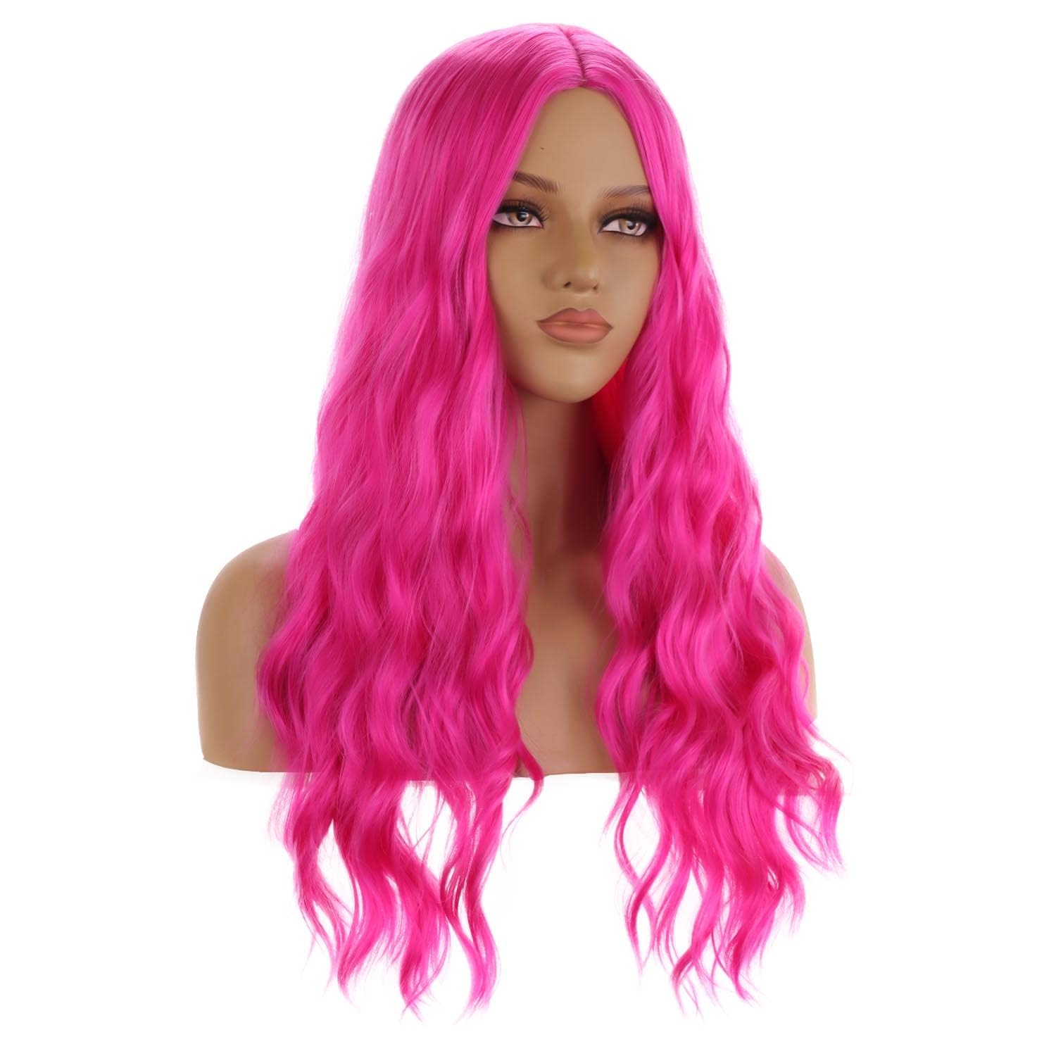 MAGQOO Hot Pink Wig for Women Girls Long Curly Wavy Pink Wigs Middle Part Heat Resistant Hight Density Synthetic Wigs