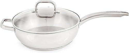 Berghoff Sartén de acero inoxidable 18/10 con forma de vientre de 9.5 pulgadas de profundidad, 3.2 cuartos de galón, tapa de vidrio, rápido, calor