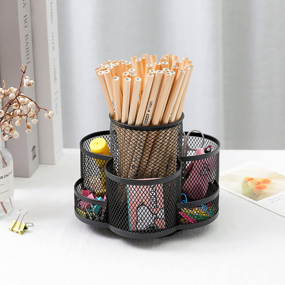 Girevole 360° Organizer Matite, Multifunzionale Portapenne, Portapenne Ufficio, Griglia Metallica, con 7 Scomparti, Tappetino Antiscivolo, per Riporre Oggetti in Ufficio, Toeletta (Nero)